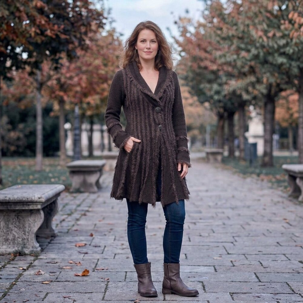 Per Una Brown Textured Knit Cardigan Coat Boho Flared Long Sleeve